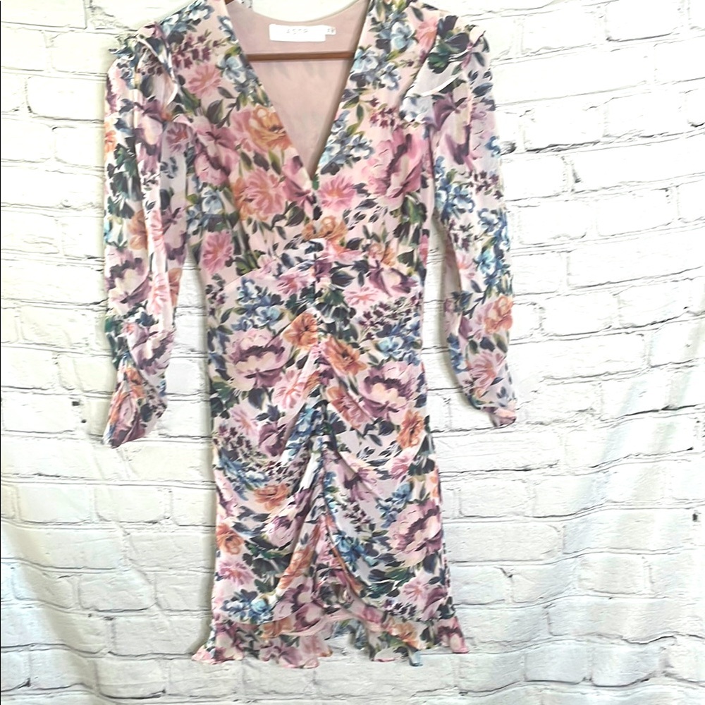 ASTR The Label Floral V-Neck Ruched Dress Size X-Small Excellent Condition